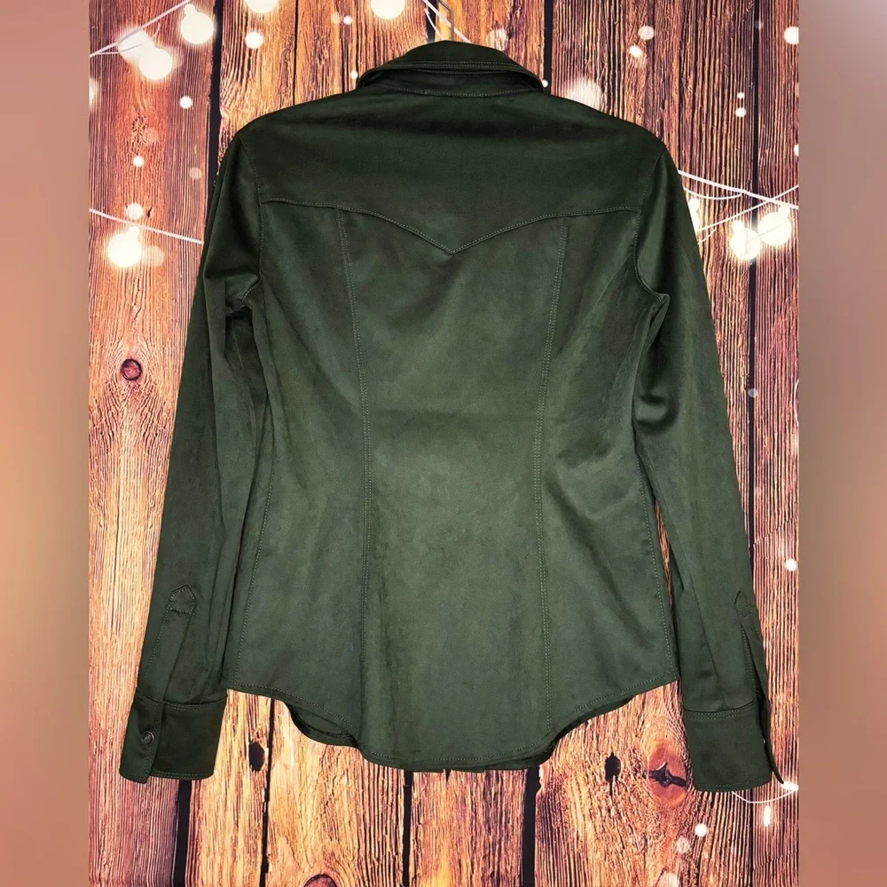 Guess Forest Green Daisy Women’s Western Faux Suede Button-Down Shirt - Picture 3 of 5